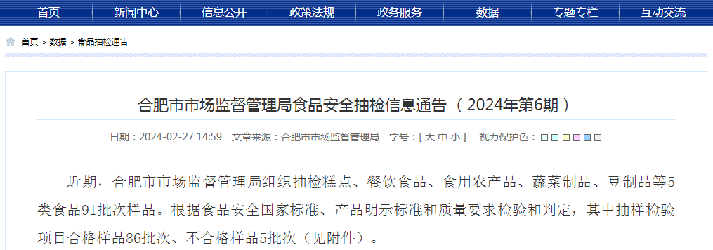  合肥市市监局食品安全抽检信息通告 （2024年第